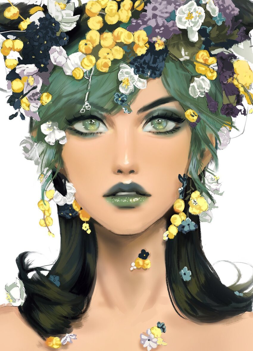 1girl alternate_hairstyle black_hair bussiarati cone_hair_bun double_bun eyelashes eyeshadow flower green_eyes green_eyeshadow green_hair green_lips hair_bun hair_flower hair_ornament highres jojo_no_kimyou_na_bouken kuujou_jolyne long_hair makeup multicolored_hair nude portrait short_hair solo stone_ocean thick_lips two-tone_hair upper_body white_flower