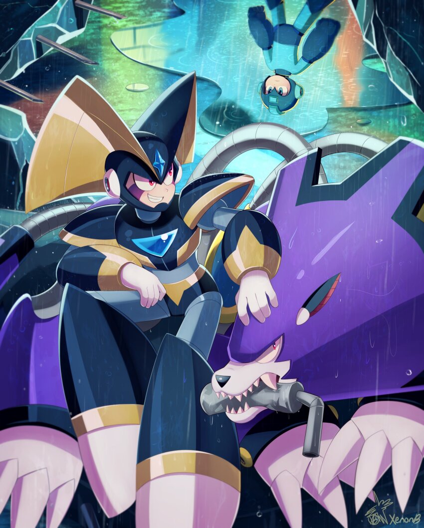 2boys absurdres android arm_cannon armor artist_name bass_(mega_man) black_armor black_helmet blue_armor blue_bodysuit blue_eyes blue_helmet bodysuit chest_jewel claws clenched_hands clenched_teeth closed_mouth dog evil_grin evil_smile facial_hair facial_mark fang fins forehead_jewel gloves grin hand_on_animal head_fins helmet highres jewelry looking_at_another mega_man_(character) mega_man_(classic) mega_man_(series) multiple_boys non-humanoid_robot pipe_in_mouth puddle rain red_eyes reflection reflective_water robot robot_animal robot_dog robot_ears signature sitting_on_animal smile smoking_pipe standing teeth treble_(mega_man) weapon wet white_gloves xenon_(xenonb)