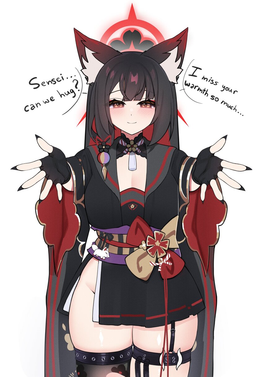 1girl absurdres animal_ear_fluff animal_ears black_gloves black_hair black_nails black_sailor_collar black_shirt black_skirt black_thighhighs blue_archive blush breasts cleavage closed_mouth colored_inner_hair cowboy_shot english_text eyeshadow fingerless_gloves fingernails fox_ears fox_girl fox_tail gloves halo hands_up highres incoming_hug large_breasts long_hair looking_at_viewer makeup multicolored_hair nail_polish obi red_eyeshadow red_halo sailor_collar sash sharp_fingernails shirt side_slit silenzuka simple_background single_thighhigh skindentation skirt smile solo tail thigh_strap thighhighs thighs wakamo_(blue_archive) white_background yellow_eyes