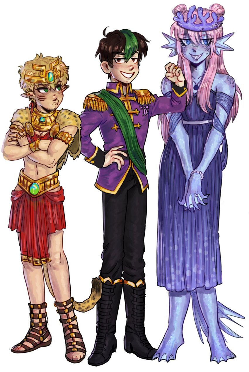 1girl 2boys animal_print belt blonde_hair blue_eyes boots brown_eyes brown_hair coat colored_skin commentary coral crossed_arms crown double_bun dress empires_smp english_commentary epaulettes fins fish_girl fish_tail green_eyes green_hair grin hair_bun head_fins highres joey_graceffa joey_graceffa_(jungle_emperor) ldshadowlady ldshadowlady_(ocean_queen) leopard_boy leopard_print leopard_tail long_hair looking_at_viewer minecraft_youtube monster_girl multicolored_hair multiple_boys oxiwan pink_hair pointy_ears purple_dress purple_skin sandals sash sharp_teeth short_hair simple_background smallishbeans smallishbeans_(mezalea) smile standing streaked_hair tail teeth toned toned_male topless_male webbed_feet webbed_hands white_background