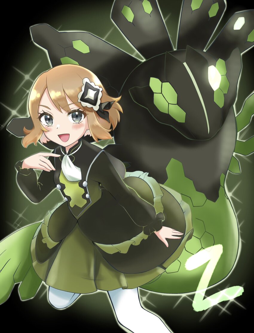 1girl :d ascot black_background black_dress black_eyes blonde_hair dress gen_6_pokemon hair_ornament highres legendary_pokemon long_sleeves nintendo official_alternate_costume official_alternate_hairstyle open_mouth pantyhose pokemon pokemon_(creature) pokemon_masters_ex remon_(starharukosan) serena_(pokemon) serena_(sygna_suit)_(pokemon) short_hair smile white_ascot white_pantyhose zygarde zygarde_(50%)