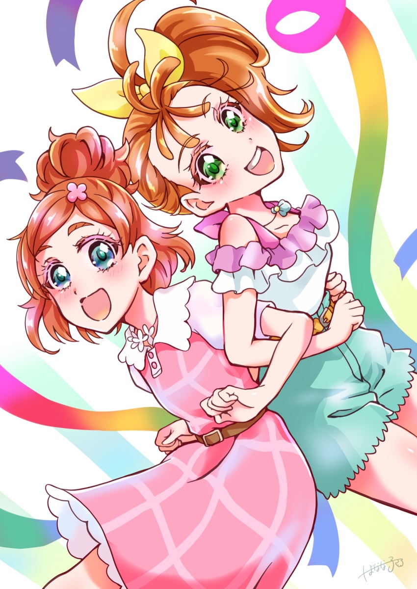 2girls :d aqua_shorts back-to-back bare_legs belt blush bow collarbone colored_eyelashes commentary cowboy_shot creator_connection dress eyebrows flower from_side go!_princess_precure green_eyes hair_bow hair_bun hair_flower hair_ornament hair_strand happy haruno_haruka highres jewelry locked_arms long_hair looking_at_viewer looking_to_the_side multiple_girls name_connection natsuumi_manatsu necklace open_mouth orange_hair pink_dress precure round_teeth shell shell_necklace short_hair shorts side_ponytail signature single_hair_bun smile sonna877san teeth tropical-rouge!_precure upper_teeth_only yellow_bow