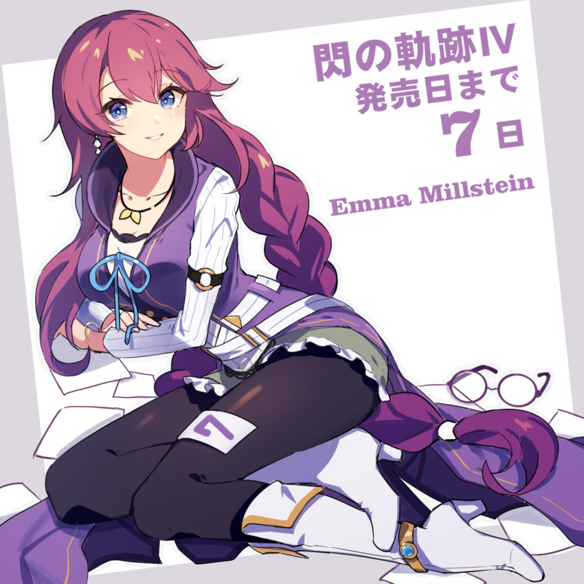 1girl black_pantyhose blue_eyes boots bracelet braid breasts character_name coat copyright_name countdown dress earrings eiyuu_densetsu emma_millstein falcom female_focus full_body grey_background high_heels highres jewelry legs_together long_hair long_sleeves looking_at_viewer medium_breasts necklace pantyhose paper purple_hair sen_no_kiseki sen_no_kiseki_(series) sen_no_kiseki_i sen_no_kiseki_iv sharlorc sitting smile solo unworn_eyewear white_boots white_hair