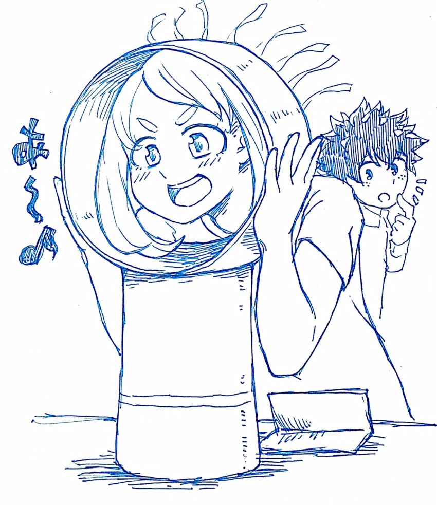 10s 1boy 1girl :d bladeless_fan blush boku_no_hero_academia freckles genzai_mirai highres messy_hair midoriya_izuku monochrome musical_note open_mouth short_hair sidelocks smile uraraka_ochako