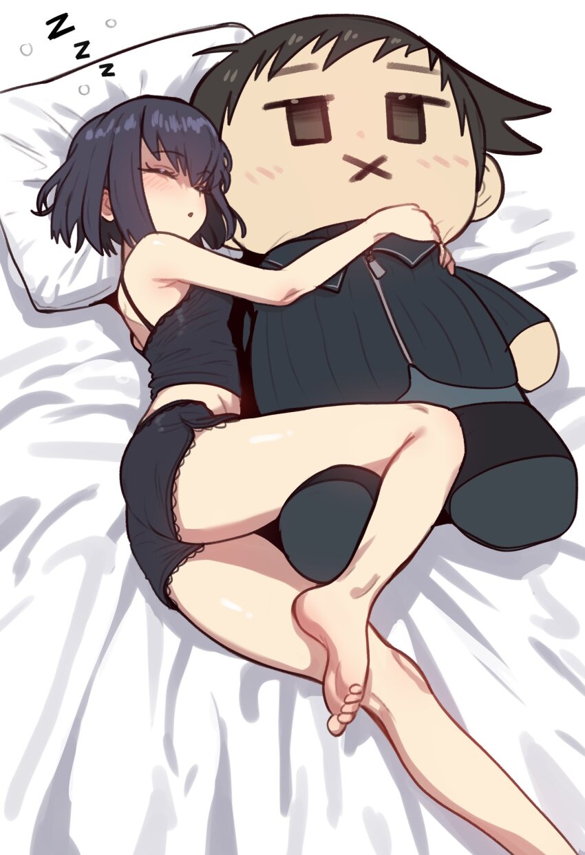 1girl ass bare_shoulders black_hair black_shirt black_shorts blush breasts character_doll closed_eyes commission doll ebora highres hug kuonji_alice lying mahou_tsukai_no_yoru on_bed on_side pillow shirt shizuki_soujuurou short_hair shorts sleeping zzz