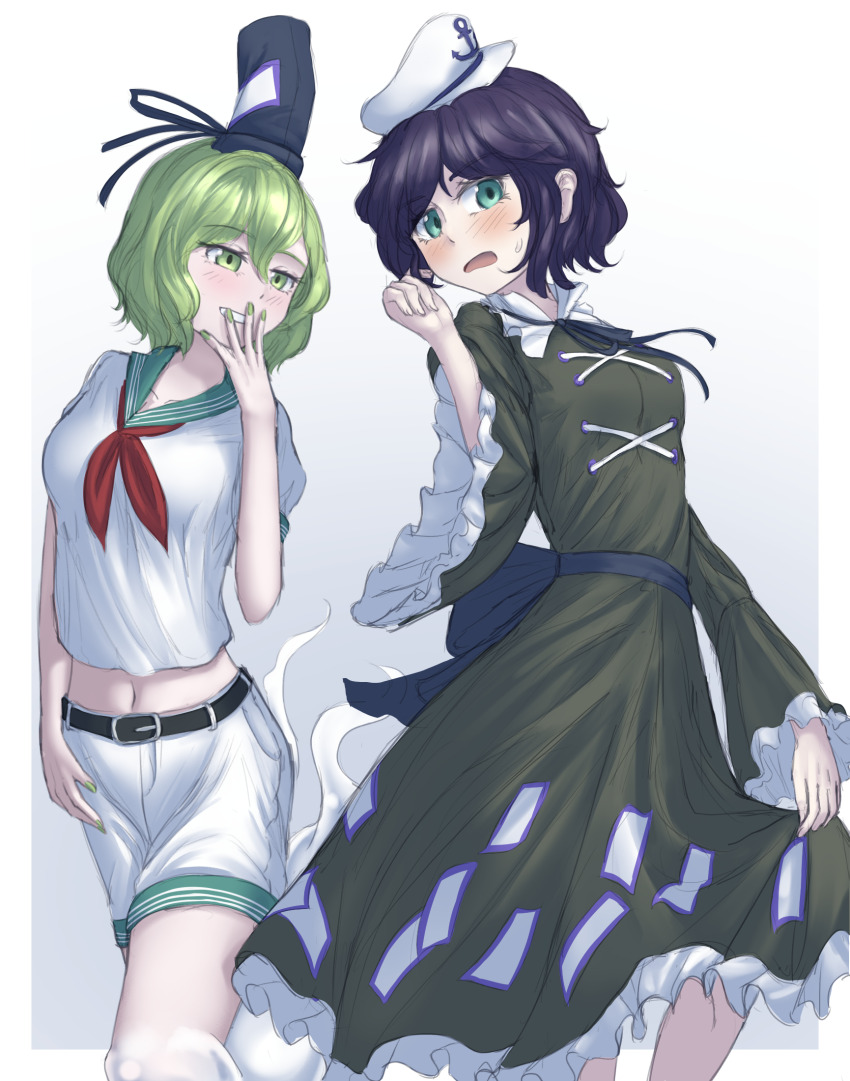 2girls black_hair black_hat cosplay costume_switch cross-laced_clothes dress gradient_background green_dress green_eyes green_hair hat highres looking_at_viewer multiple_girls murasa_minamitsu navel pygrenix shirt shorts soga_no_tojiko tate_eboshi touhou white_hat white_shirt white_shorts