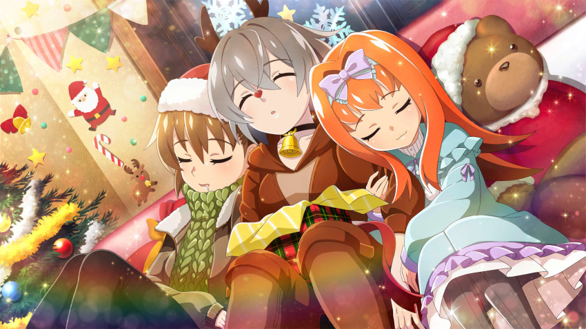 3girls akasaka_miyuki animal_costume antlers arm_hug blue_dress bow_hairband box brown_eyes brown_hair brown_hoodie brown_jacket christmas christmas_ornaments christmas_tree closed_eyes closed_mouth dress drooling dutch_angle fake_antlers feet_out_of_frame frilled_dress frills fur-trimmed_headwear fur_trim game_cg gift gift_box green_scarf grey_hair hair_between_eyes hair_intakes hairband hat highres higurashi_no_naku_koro_ni higurashi_no_naku_koro_ni_mei hood hood_down hoodie horns houtani_nao indoors jacket kimiyoshi_kazuho knees_up lens_flare long_hair multiple_girls non-web_source official_art orange_hair parted_lips pennant red_hat reindeer_antlers reindeer_costume santa_hat scarf short_hair sleeping snowflakes sparkle string_of_flags stuffed_animal stuffed_toy teddy_bear window
