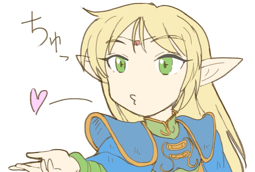 1girl armor blonde_hair blowing_kiss breasts deedlit elf green_eyes heart highres long_hair mayashi205 outstretched_arm pointy_ears puckered_lips record_of_lodoss_war small_breasts solo upper_body