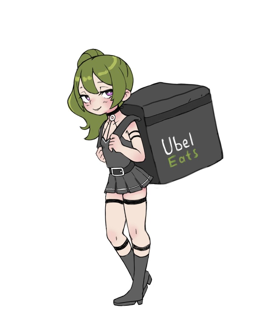 1girl absurdres arm_strap belt belt_buckle black_boots black_choker black_dress boots buckle choker dress female_focus full_body green_hair highres looking_at_viewer minidress purple_eyes qtkat simple_background sleeveless sleeveless_dress smile solo sousou_no_frieren standing thigh_strap ubel_(sousou_no_frieren) uber_eats white_background