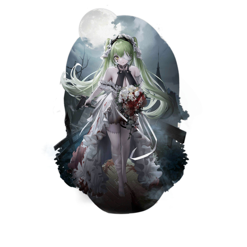 1girl :q bandage_over_one_eye bandaged_arm bandaged_head bandaged_leg bandages bare_shoulders bare_tree barefoot blood blood_on_clothes bloody_clothes bloody_dress bouquet breasts brick_floor building burnt_clothes choker cleavage closed_mouth colored_skin dress feet fence flower foliage full_body full_moon girls&#039;_frontline green_hair grey_skin gun halloween halloween_costume halterneck highres holding holding_bouquet holding_gun holding_weapon iron_fence large_breasts long_hair looking_at_viewer micro_uzi micro_uzi_(girls&#039;_frontline) micro_uzi_(when_the_ravens_cry)_(girls&#039;_frontline) moon multicolored_skin o-ring o-ring_choker official_alternate_costume official_art pale_skin patchwork_skin path road rose shell_casing sky-freedom solo standing stitches submachine_gun teardrop_facial_mark thigh_strap third-party_source toes tongue tongue_out transparent_background tree trigger_discipline twintails very_long_hair weapon white_dress white_flower white_headdress white_rose white_skin yellow_eyes