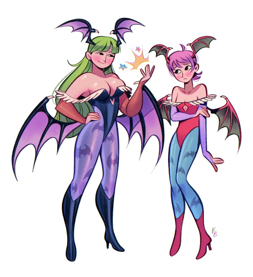 2girls animal_print bat_print black_eyes blush boots breasts demon_wings detached_sleeves friedbaens full_body green_hair head_wings high_heels highres large_breasts lilith_(darkstalkers) long_hair morrigan_aensland multiple_girls pink_hair sad short_hair small_breasts smile darkstalkers white_background wings