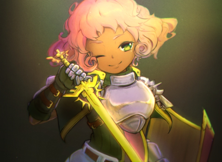 1girl armor belt commentary dark-skinned_female dark_skin etrian_odyssey eyelashes gauntlets green_eyes head_tilt hijikimon2mon holding holding_sword holding_weapon light_particles looking_at_viewer one_eye_closed paladin paladin_(sekaiju) paladin_4_(sekaiju) pants pink_hair ribbed_shirt sekaiju_no_meikyuu sekaiju_no_meikyuu_2 shirt short_hair smile solo sword symbol-only_commentary weapon