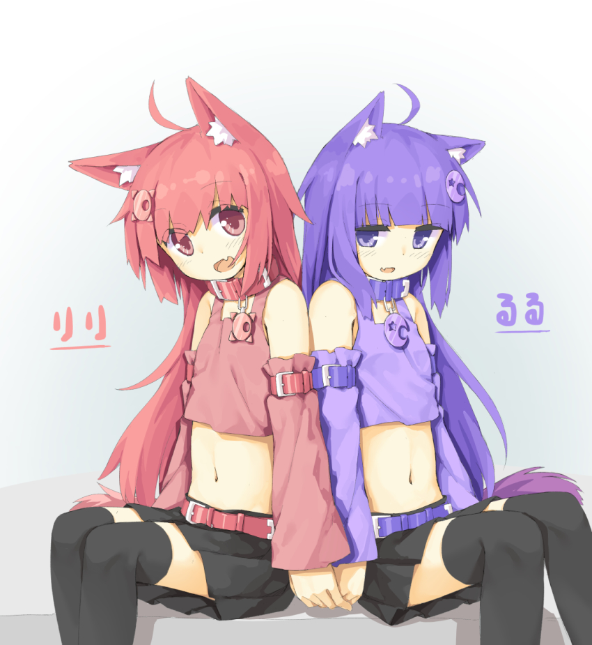 2girls animal_ears back-to-back bad_id bad_twitter_id bare_shoulders black_legwear black_skirt character_request collar copyright_request hair_ornament hassai highres long_hair looking_at_viewer multiple_girls navel open_mouth pink_eyes purple_eyes purple_hair red_hair simple_background sitting skirt tail thighhighs zettai_ryouiki