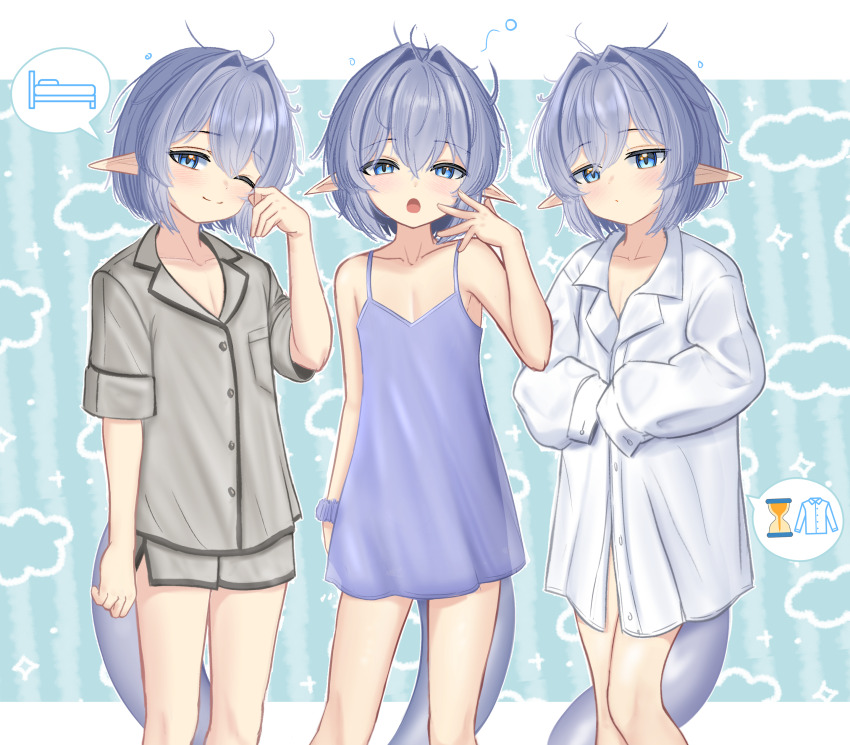 3boys :o ;) absurdres bare_arms bare_legs bare_shoulders basher blue_eyes boros_(ouro_kronii) collarbone commentary crossdressing dress_shirt english_commentary grey_hair grey_shirt grey_shorts hair_between_eyes hair_intakes hand_up highres hololive hololive_english light_blush long_pointy_ears long_sleeves looking_at_viewer male_focus messy_hair multiple_boys multiple_persona naked_shirt nightgown one_eye_closed open_mouth oversized_clothes oversized_shirt personification pointy_ears scrunchie shirt short_hair short_shorts short_sleeves shorts simple_background sleepy smile snake_boy snake_tail spoken_object squeans tail trap white_shirt wrist_scrunchie yawning