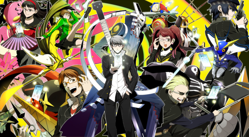 3boys 4girls amagi_yukiko atlus bad_id bad_pixiv_id black_hair blonde_hair blue_hair brown_hair card floating_card glasses hanamura_yousuke hat highres himiko_(persona_4) holding holding_card izanagi_(persona_4) jiraiya_(persona_4) kintoki-douji konohana_sakuya_(persona) kujikawa_rise long_hair miyamayomema multiple_boys multiple_girls narukami_yu persona persona_4 red_hair satonaka_chie shirogane_naoto short_hair silver_hair sukuna_hikona take-mikazuchi tatsumi_kanji tomoe_(persona_4)