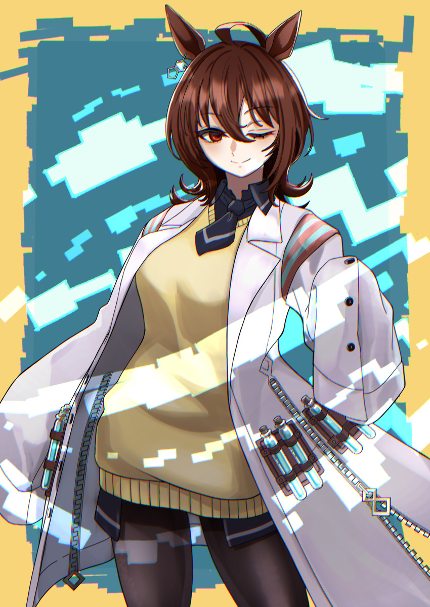 1girl ;) absurdres agnes_tachyon_(umamusume) ahoge akuminosan animal_ears black_necktie black_pantyhose black_shirt brown_hair brown_tail buttons chemical_structure collared_shirt commentary cowboy_shot earrings hair_between_eyes highres horse_ears horse_girl horse_tail jewelry lab_coat medium_hair messy_hair necktie one_eye_closed pantyhose pen red_eyes shirt short_necktie single_earring sleeves_past_fingers sleeves_past_wrists smile solo sweater_vest tail test_tube umamusume wide_sleeves yellow_sweater_vest zipper zipper_pull_tab