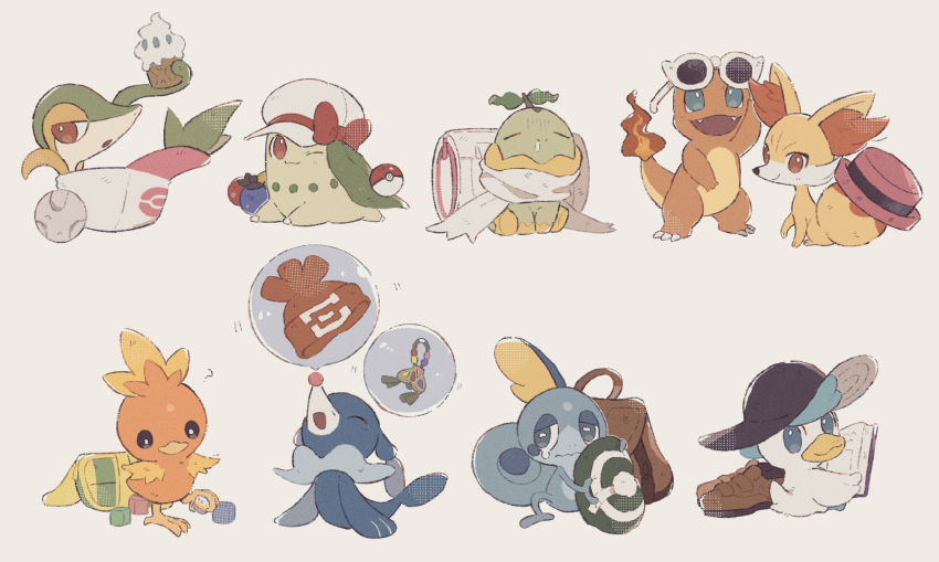bag black_hat blue_eyes book bright_pupils brown_shoes casteliacone charmander chikorita commentary_request dawn_(pokemon) duffel_bag fennekin gen_1_pokemon gen_2_pokemon gen_3_pokemon gen_4_pokemon gen_5_pokemon gen_6_pokemon gen_7_pokemon gen_8_pokemon gloria_(pokemon) hat highres hilda_(pokemon) hime_(himetya105) holding holding_book juliana_(pokemon) light_stone_(pokemon) lyra_(pokemon) may_(pokemon) nintendo no_humans pink_hat poke_ball poke_ball_(basic) pokeblock pokemon pokemon_(creature) pokemon_bw pokemon_dppt pokemon_focus pokemon_hgss pokemon_platinum pokemon_rse pokemon_sm pokemon_sv pokemon_swsh pokemon_xy popplio quaxly scarf selene_(pokemon) serena_(pokemon) shoes simple_background snivy sobble sunglasses torchic turtwig white-framed_eyewear white_background white_bag white_pupils white_scarf