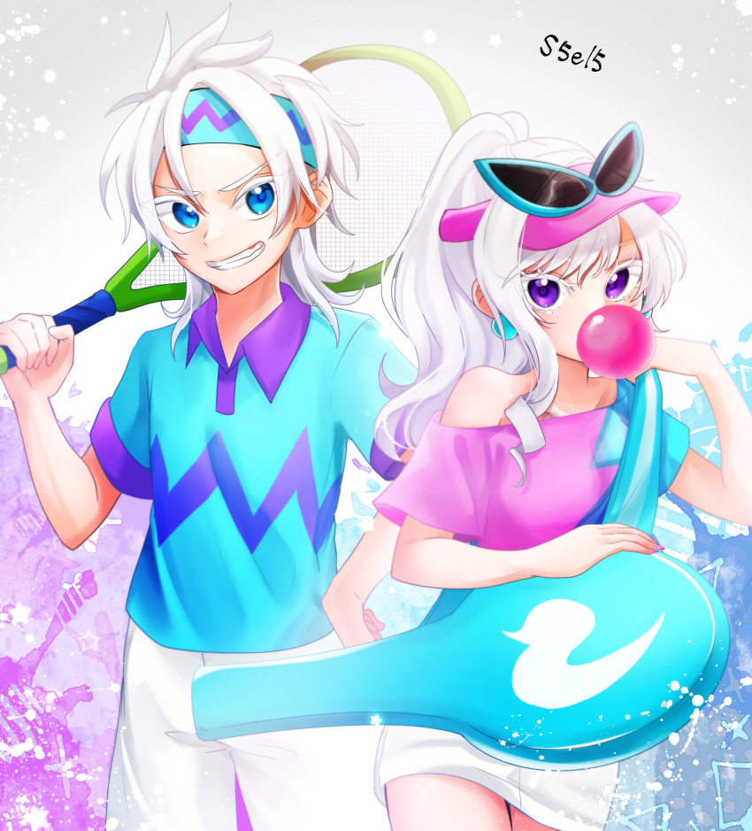 1girl blue_eyes chewing_gum daisy_duck disney donald_duck highres honipokooon humanization looking_at_viewer mickey_mouse_&amp;_friends open_mouth personification ponytail racket shirt short_hair smile sportswear sunglasses tennis tennis_racket tennis_uniform white_hair