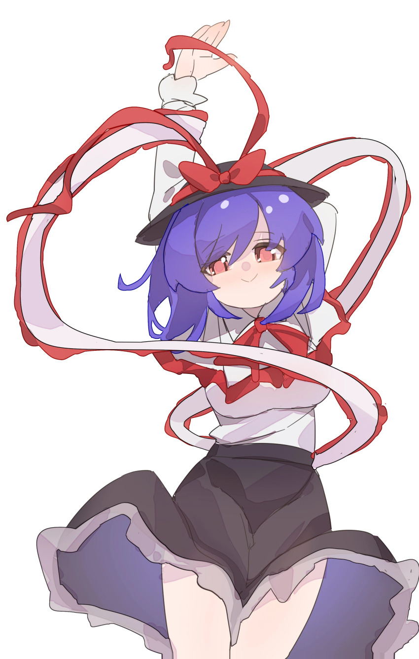 1girl absurdres arm_behind_head black_hat black_skirt bow breasts closed_mouth frilled_shawl frilled_skirt frills gumingdi_ban hair_between_eyes hand_up hat hat_bow hat_ribbon highres large_breasts long_sleeves looking_at_viewer nagae_iku purple_hair red_bow red_eyes red_ribbon ribbon shawl shirt short_hair simple_background skirt smile solo touhou white_background white_shirt