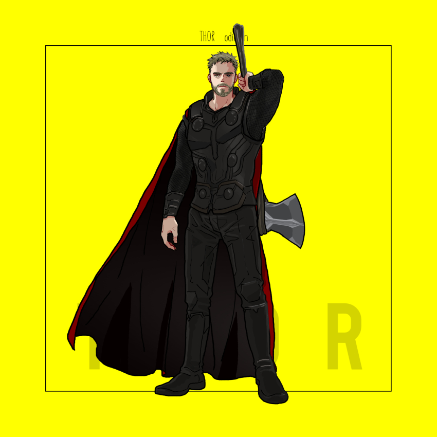 1boy arm_up armor avengers:_endgame avengers_(series) beard black_armor black_boots black_pants black_shirt blue_eyes boots brown_eyes brown_hair cape character_name closed_mouth facial_hair full_body heterochromia highres holding holding_weapon long_sleeves looking_at_viewer male_focus marvel marvel_cinematic_universe mochishio pants red_cape shirt short_hair simple_background solo standing stormbreaker thor_(marvel) v-shaped_eyebrows weapon yellow_background