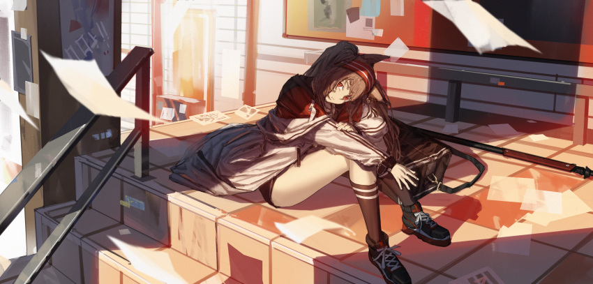 1girl angelina_(arknights) arknights bag black_shoes black_shorts black_socks brown_hair closed_mouth commentary_request danzir highres jacket knees_up long_hair long_sleeves looking_at_viewer off_shoulder open_clothes open_jacket paper railing red_eyes red_shirt shirt shoes short_shorts shorts sitting socks solo stairs stone_stairs twintails white_jacket