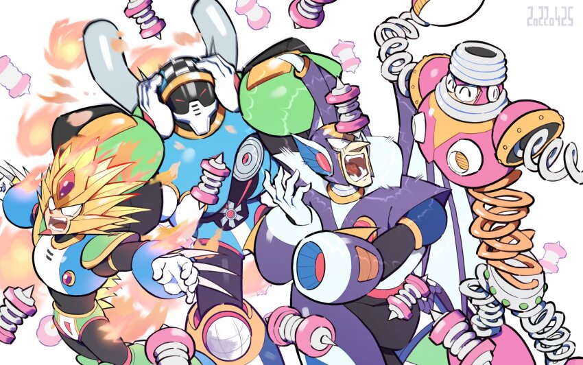 4boys arm_cannon claws covered_mouth helmet highres male_focus mega_man_(classic) mega_man_(series) mega_man_7 multiple_boys shade_man simple_background slash_man spring_man tsuchibori turbo_man vampire weapon white_background