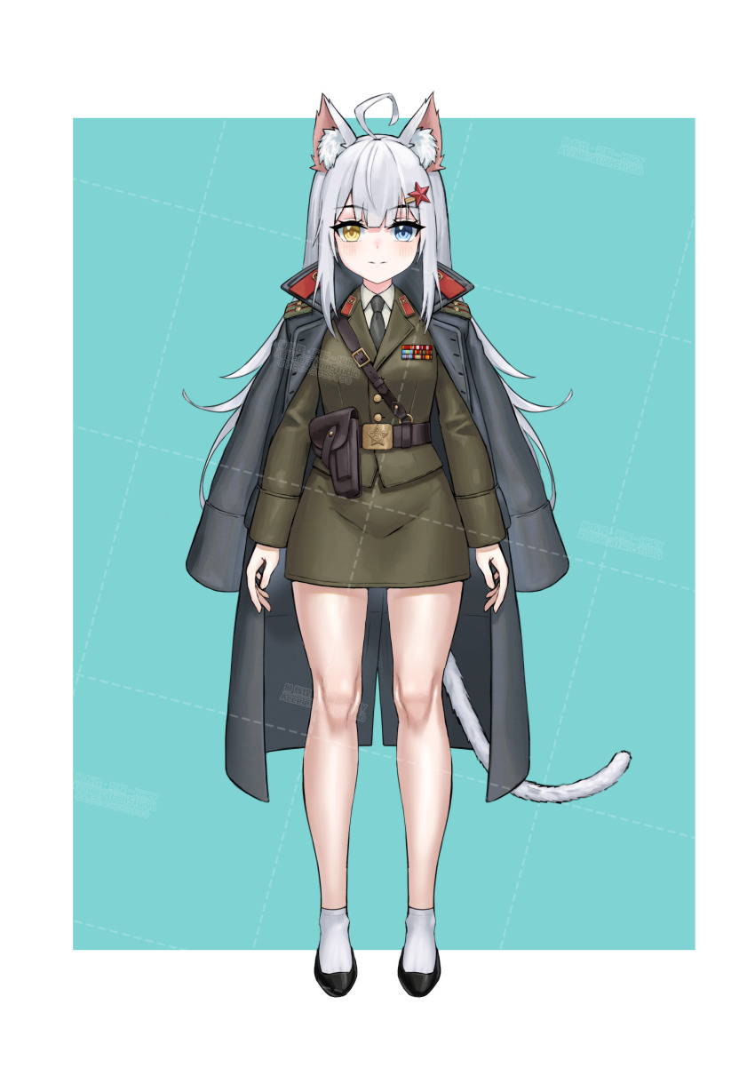 1girl absurdres ahoge animal_ear_fluff animal_ears artist_name bare_legs belt belt_buckle black_belt black_necktie black_shoes blue_background blue_eyes blush border breasts brown_jacket brown_skirt buckle buttons cat_ears cat_girl cat_tail chinese_commentary closed_mouth coat coat_on_shoulders collar_tabs collared_shirt commentary_request grey_coat hair_ornament hammer_and_sickle heterochromia highres holster huihuang_rongyao jacket lapels long_hair long_sleeves looking_at_viewer medium_breasts military military_jacket military_uniform necktie open_clothes open_coat original red_star ribbon_bar shirt shoes sidelocks simple_background skirt socks solo soviet soviet_army standing star_(symbol) star_hair_ornament straight-on tail trench_coat watermark watermark_grid white_border white_hair white_shirt white_socks yellow_eyes