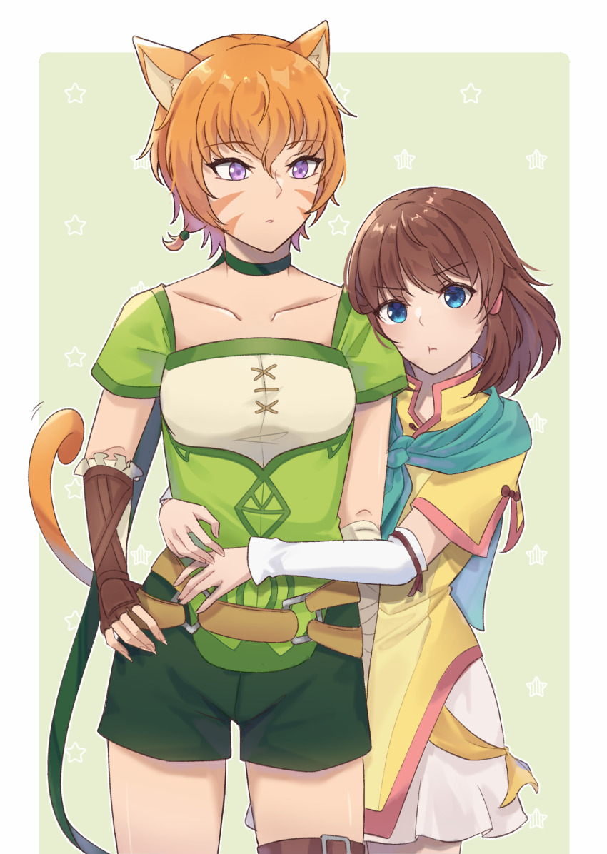 animal_ears blue_eyes brown_hair cat_ears cat_girl cat_tail collar fire_emblem fire_emblem:_path_of_radiance fire_emblem:_radiant_dawn gloves highres hug lethe_(fire_emblem) mist_(fire_emblem) nintendo orange_hair pout purple_eyes simple_background tail witchi