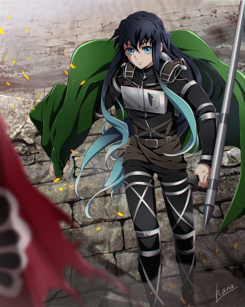 1boy aqua_eyes aqua_hair armor black_hair black_pants black_shirt cape closed_mouth cosplay demon_slayer_uniform gradient_hair green_cape hana_ni_nare highres holding holding_weapon kimetsu_no_yaiba long_hair long_sleeves male_focus multicolored_hair pants shingeki_no_kyojin shirt solo tokitou_muichirou two-tone_hair weapon