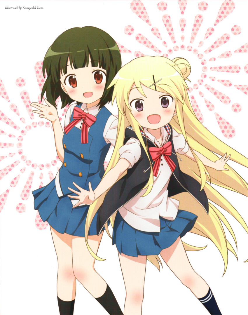 2girls :d absurdres artist_name black_socks black_vest blonde_hair blue_skirt blue_vest blush bow bowtie brown_eyes buttons collared_shirt double-breasted feet_out_of_frame green_hair hair_bun hair_ornament hairclip highres hood hood_down hooded_vest hoodie kin-iro_mosaic kujou_karen long_hair looking_at_viewer miniskirt moegi_high_school_uniform multiple_girls non-web_source official_art oomiya_shinobu open_mouth outstretched_arms pink_bow pink_bowtie pleated_skirt purple_eyes scan school_uniform shirt short_hair short_sleeves single_hair_bun skirt smile socks standing striped_bow striped_bowtie striped_clothes summer_uniform ueta_kazuyuki vest white_shirt x_hair_ornament