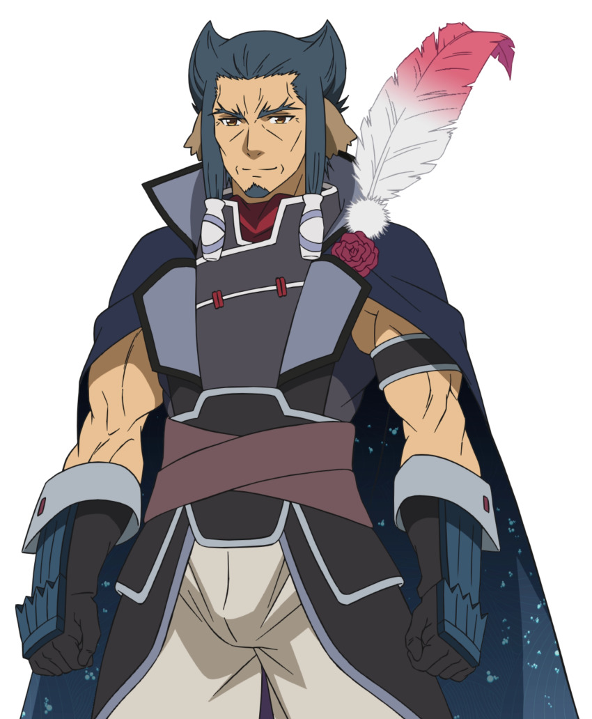 1boy absurdres animal_ears aquaplus biceps blue_hair brown_eyes bulge cape closed_mouth facial_hair gauntlets goatee gradient_eyes highres multicolored_eyes muscular muscular_male nakata_masahiko nose official_art short_hair_with_long_locks sidelocks sleeveless smile solo soyankekur transparent_background utawarerumono utawarerumono:_futari_no_hakuoro utawarerumono:_itsuwari_no_kamen white_fox_(company) wrinkled_skin
