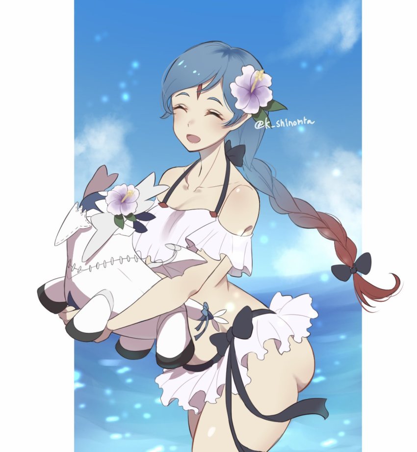1girl alternate_costume ass bikini blue_hair closed_eyes corrin_(female)_(fire_emblem) corrin_(female)_(fire_emblem)_(cosplay) cosplay fire_emblem fire_emblem_fates flower hair_flower hair_ornament highres karashino lilith_(fire_emblem) multicolored_hair nintendo open_mouth red_hair swimsuit two-tone_hair white_bikini