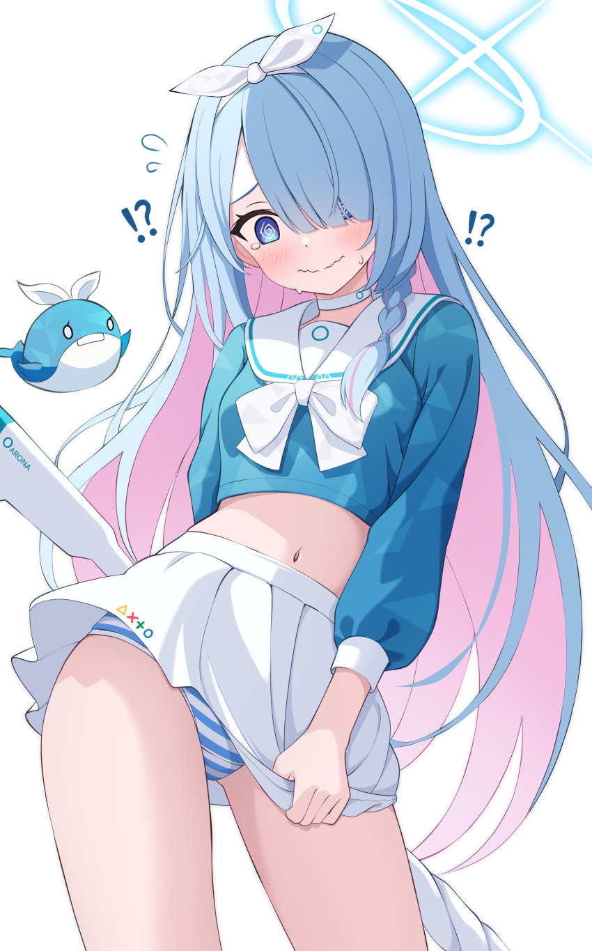 !? 1girl @_@ absurdres alternate_hairstyle arona_(blue_archive) arona_(blue_archive)_(cosplay) blue_archive blue_eyes blue_hair blue_halo blue_panties blush breasts choker closed_mouth colored_inner_hair cosplay cowboy_shot cropped_shirt general_student_council_president_(blue_archive) hair_over_one_eye halo highres loli long_hair long_sleeves miniskirt multicolored_hair navel panties pink_hair pleated_skirt puffy_long_sleeves puffy_sleeves sailor_collar shijima_(shijima_tc) simple_background skirt small_breasts solo striped_clothes striped_panties two-tone_hair undersized_clothes underwear very_long_hair wavy_mouth white_background white_choker white_sailor_collar white_skirt
