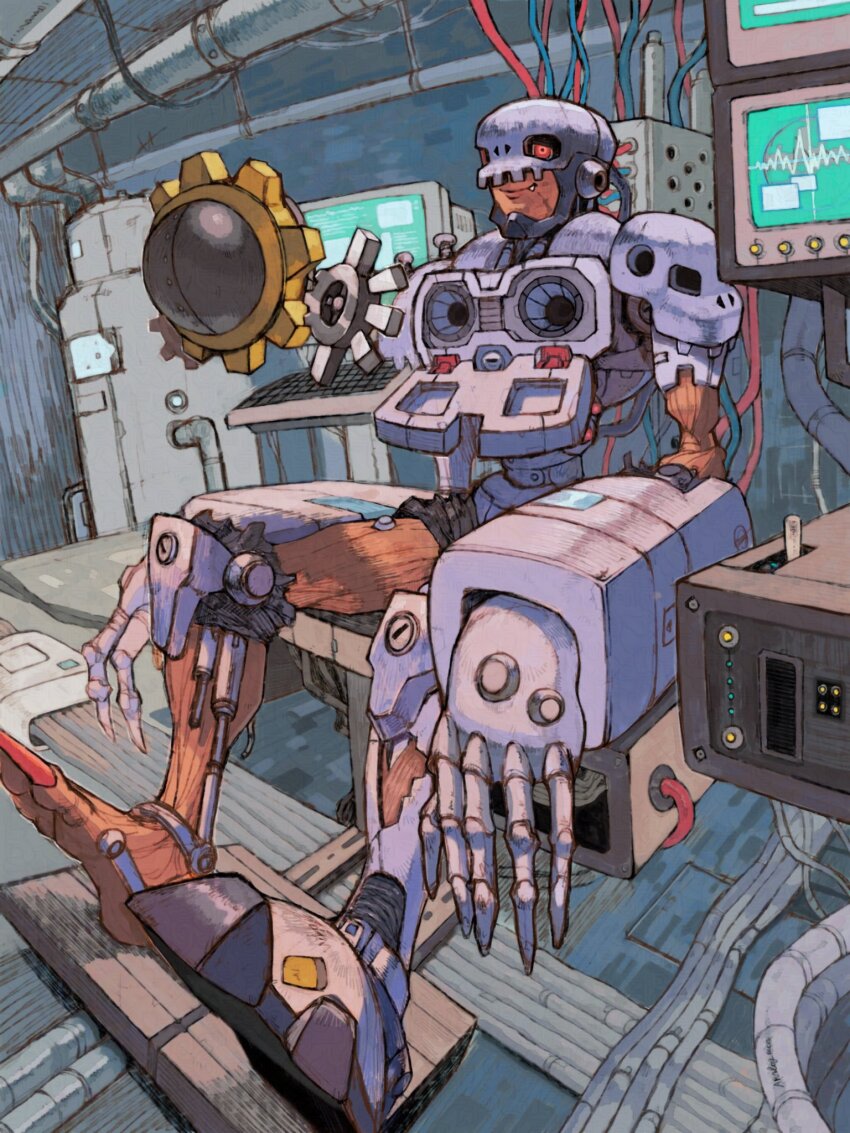 1boy analog_boy02 andromon armor cable cardiogram claws cyborg digimon digimon_(creature) exposed_muscle fang fang_out floating gears hagurumon half-closed_eyes highres indoors industrial_pipe laboratory long_toenails looking_at_another machine male_focus mask mechanical_arms monitor non-humanoid_robot red_eyes robot scar scar_on_face sharp_toenails sitting skull_mask smile toenails