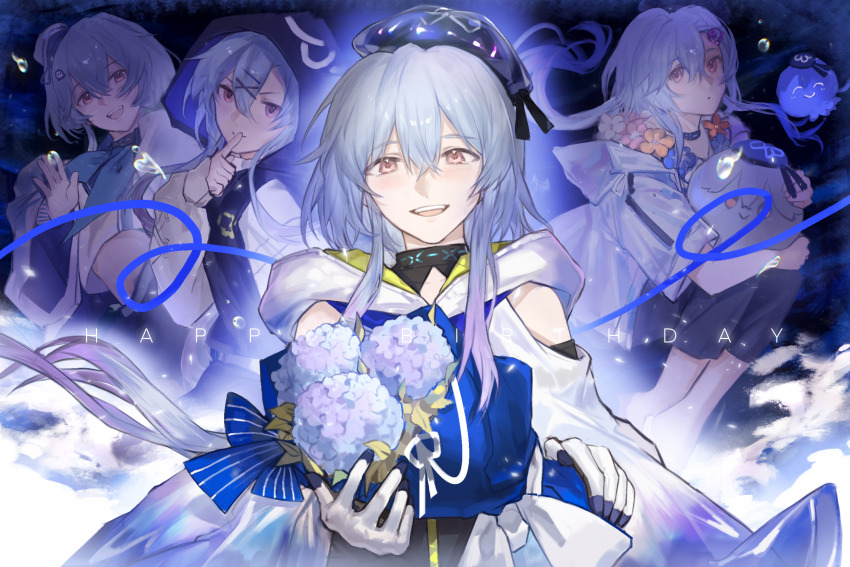 1boy :o ^_^ animalization arknights beret black_hoodie black_shorts blue_hair blue_hat blue_jacket blush cape character_doll closed_eyes clothing_cutout commentary english_commentary english_text flower flower_necklace gloves gradient_hair hat highres holding holding_flower hood hood_up hooded_cape hoodie hugging_own_legs hydrangea infection_monitor_(arknights) jacket jellyfish jellyfish_hair_ornament jewelry lei light_blue_hair looking_at_viewer male_focus mizuki_(arknights) mizuki_(summer_feast)_(arknights) multicolored_hair multiple_views necklace official_alternate_costume open_mouth pink_eyes purple_hair shorts shoulder_cutout smile teeth upper_body upper_teeth_only white_cape white_gloves white_jacket yipingtaopuzi