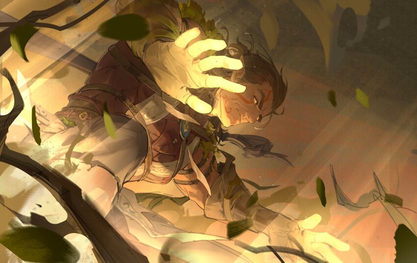 1boy absurdres baldur&#039;s_gate baldur&#039;s_gate_3 bara brown_hair dark-skinned_male dark_skin elf feet_out_of_frame fighting_stance florakinesis glowing glowing_eyes glowing_hand halsin highres lee999nine looking_ahead magic male_focus mature_male medium_hair muscular muscular_male pectorals pointy_ears solo thick_eyebrows