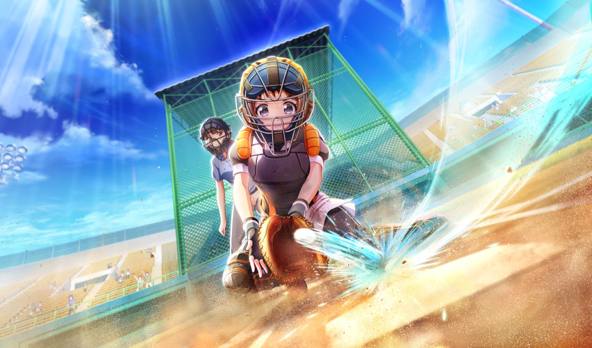 2girls baseball_base baseball_cap baseball_field baseball_uniform belt black_belt black_gloves black_pants black_undershirt blue_shirt blurry brown_hair catcher&#039;s_mask catcher_(baseball) catching chest_protector cinderella_series cloud depth_of_field dust_cloud dutch_angle fingerless_gloves from_below game_cg gloves grey_eyes grey_pants hachigatsu_no_cinderella_nine hat highres looking_at_object makino_hana motion_blur motion_lines multiple_girls non-web_source official_art on_one_knee outdoors pants pants_under_shorts playing_sports shin_guards shirt short_hair shorts sky solo_focus speed_lines sportswear striped_clothes striped_shorts sweat umpire v-shaped_eyebrows vertical-striped_clothes vertical-striped_shorts white_shorts