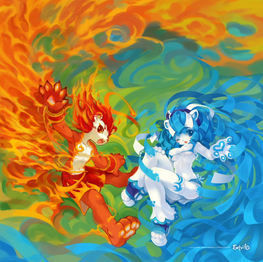 1boy 1girl 2010 :d absurdres animal_ears blue_eyes blue_hair breasts commentary english_commentary fingernails fire furry furry_female furry_male highres leggings lion lion_boy lion_ears lion_tail long_hair looking_at_viewer mascot merlion navel olympics open_mouth pawpads pectorals photoshop_(medium) platform_sandals red_hair sandals short_hair shorts signature smile stomach swimsuit tail three_quarter_view topless_male translucent_hair tyson_tan underboob white_leggings yellow_eyes