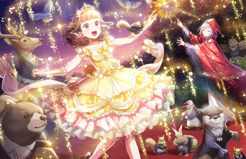 2girls :d animal animal_on_arm ascot bear bird black_hat bob_cut bow bowtie brown_hair center-flap_bangs center_frills closed_eyes closed_mouth clothed_animal collarbone collared_shirt colored_inner_hair deer diagonal_bangs dress dutch_angle elbow_gloves feet_out_of_frame frilled_dress frilled_gloves frills game_cg gloves hat highres holding holding_wand inverted_bob kachimachi_kosuzu kachimachi_kosuzu_(tankyuu_no_butoukai) link!_like!_love_live! long_hair long_sleeves love_live! magic medium_dress mini_hat mini_top_hat mouse_(animal) multicolored_hair multiple_girls official_alternate_costume official_alternate_hairstyle official_art open_mouth otter otter_(hasu_no_sora) outdoors outstretched_arms owl penguin pink_eyes rabbit red_bow red_bowtie red_hair red_hat red_robe robe shirt short_hair sleeveless sleeveless_dress smile spread_arms squirrel standing star_wand streaked_hair tailcoat teeth third-party_source top_hat traditional_bowtie u_u upper_teeth_only virtual_youtuber wand wavy_hair white_ascot white_dress white_hair white_shirt wizard wizard_hat yellow_bow yellow_dress yellow_gloves yugiri_tsuzuri yugiri_tsuzuri_(tankyuu_no_butoukai)