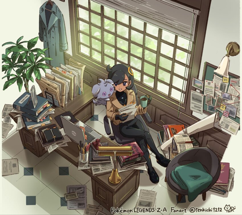 1girl ahoge black_bodysuit black_hair bodysuit chair coat coffee_mug computer crossed_legs cup desk desk_lamp emma_(pokemon) espurr folder from_above gen_6_pokemon highres holding holding_paper lamp laptop mug nintendo office office_chair on_shoulder paper pokemon pokemon_(creature) pokemon_legends:_z-a pokemon_on_shoulder poten signature swivel_chair twitter_username unworn_coat window window_blinds