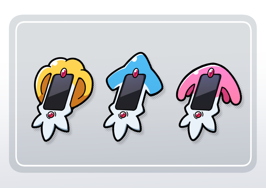 absurdres azelf commentary_request framed fukidashi_cotton gem gen_4_pokemon grey_background highres legendary_pokemon mesprit nintendo no_humans phone pokemon pokemon_(creature) red_gemstone screen still_life themed_object uxie white_background