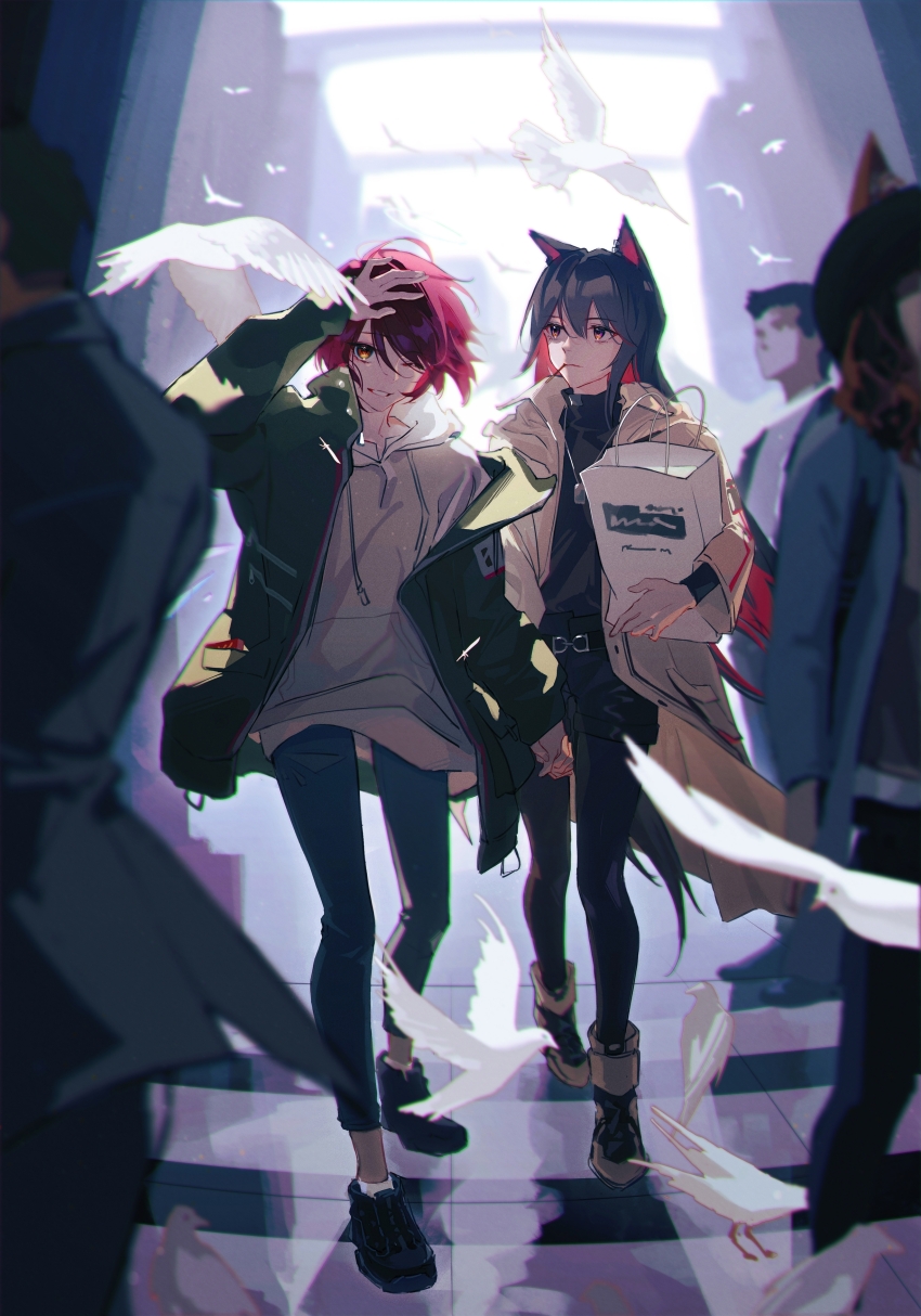 2boys 3girls ;d absurdres animal animal_ear_piercing animal_ears arknights arm_up bag bird black_hair black_jacket black_pants black_pantyhose black_shorts black_sweater blurry chinese_commentary chromatic_aberration coat colored_inner_hair commentary_request dove drawstring exusiai_(arknights) food food_in_mouth full_body grin hair_between_eyes highres holding holding_bag holding_hands hood hood_down hoodie jacket light_particles long_hair long_sleeves looking_at_another looking_at_viewer mouth_hold multicolored_hair multiple_boys multiple_girls off_shoulder official_alternate_costume one_eye_closed open_mouth pants pantyhose paper_bag pink_hair pocky pocky_in_mouth red_hair reflection reflective_floor short_hair shorts smile standing sweater texas_(arknights) texas_(winter_messenger)_(arknights) thewintermarket turtleneck turtleneck_sweater walking white_bird white_coat white_hoodie wolf_ears wolf_girl yellow_eyes
