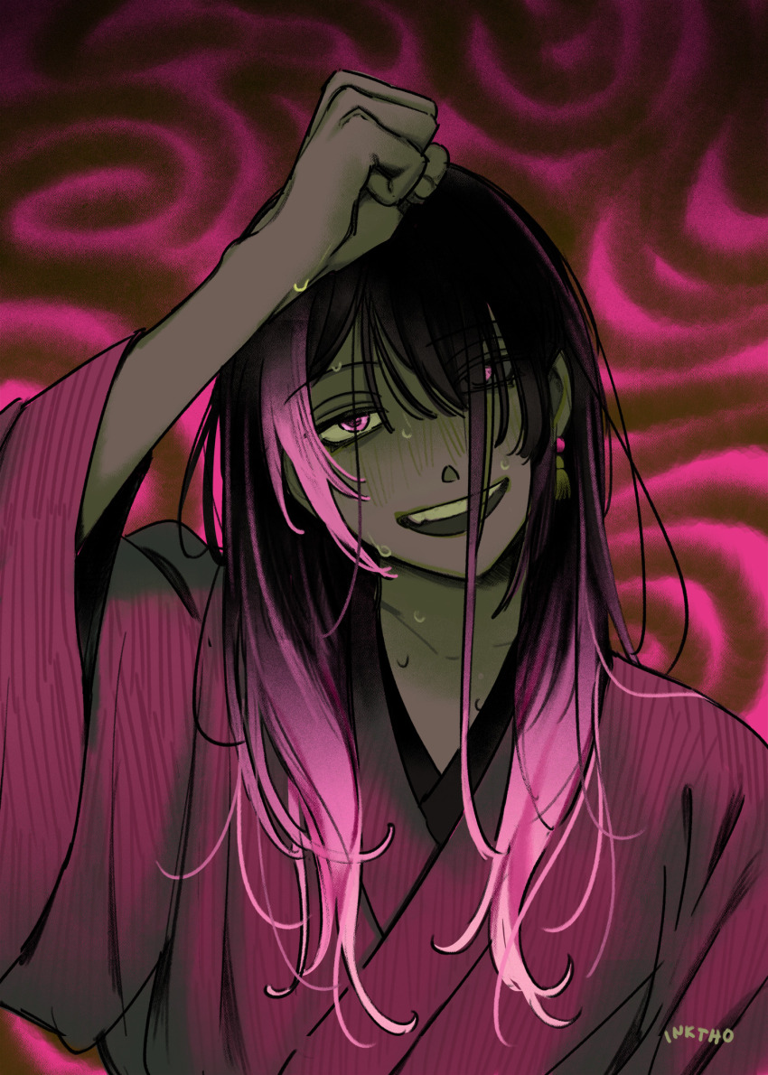 1girl :d akane-banashi arm_up artist_name black_hair earrings hair_over_one_eye highres japanese_clothes jewelry katy_ho kimono long_hair looking_at_viewer multicolored_hair open_mouth osaki_akane_(akane-banashi) pink_eyes pink_hair smile solo streaked_hair sweat upper_body wet