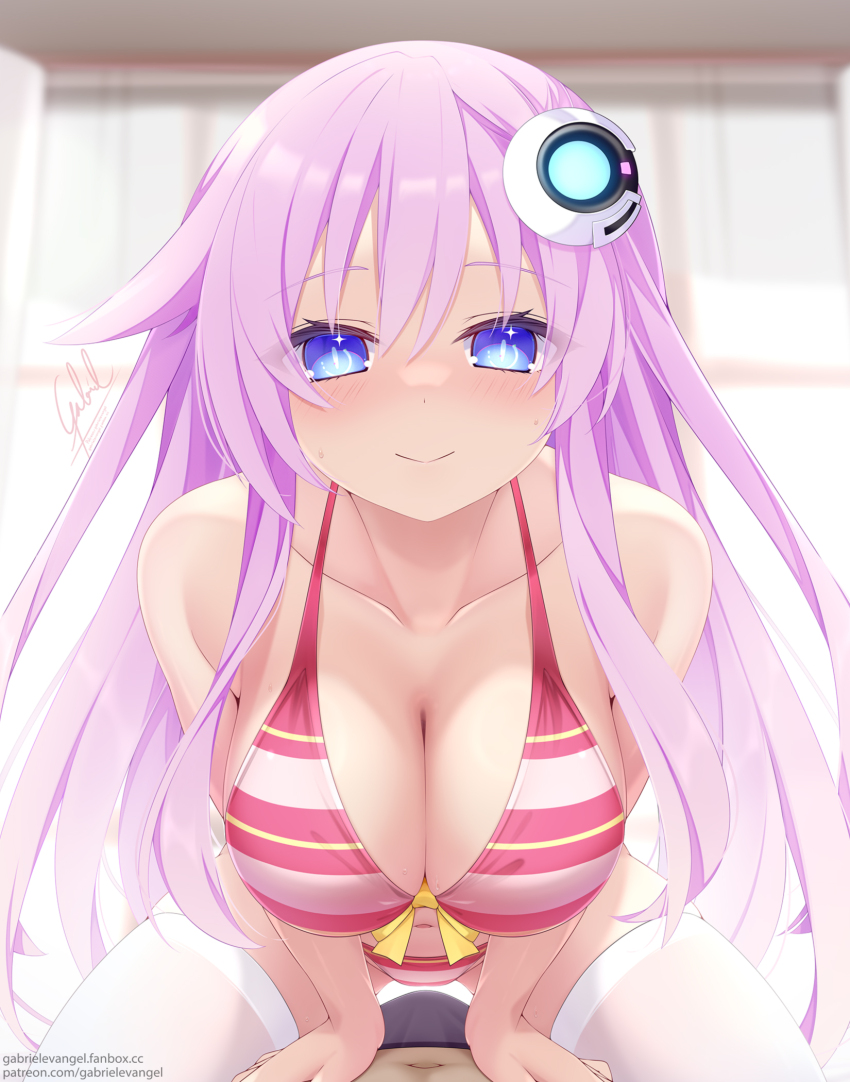 1boy 1girl assertive_female bikini blue_eyes blush breasts bulge commentary cowgirl_position english_commentary front-tie_bikini_top front-tie_top gabriel_evangel girl_on_top grinding grinding_over_clothes hair_between_eyes headgear hetero highres indoors large_breasts leaning_forward long_hair looking_at_viewer medium_breasts neptune_(series) pink_hair pov power_symbol purple_sister smile solo_focus straddling string_bikini striped_bikini striped_bikini_bottom striped_bikini_top striped_clothes swimsuit symbol-shaped_pupils teasing very_long_hair