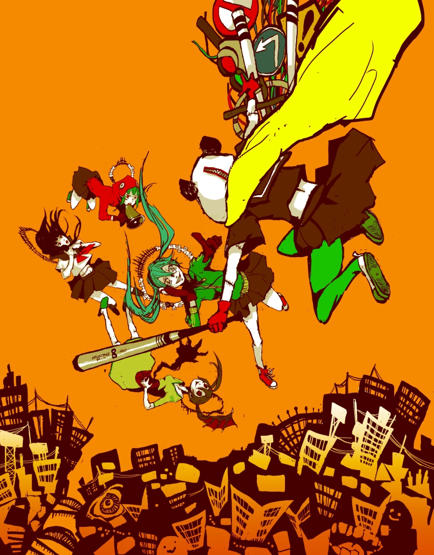 bat_(animal) gumi hatsune_miku highres hood panda panda_hero_(vocaloid) skirt tagme vocaloid