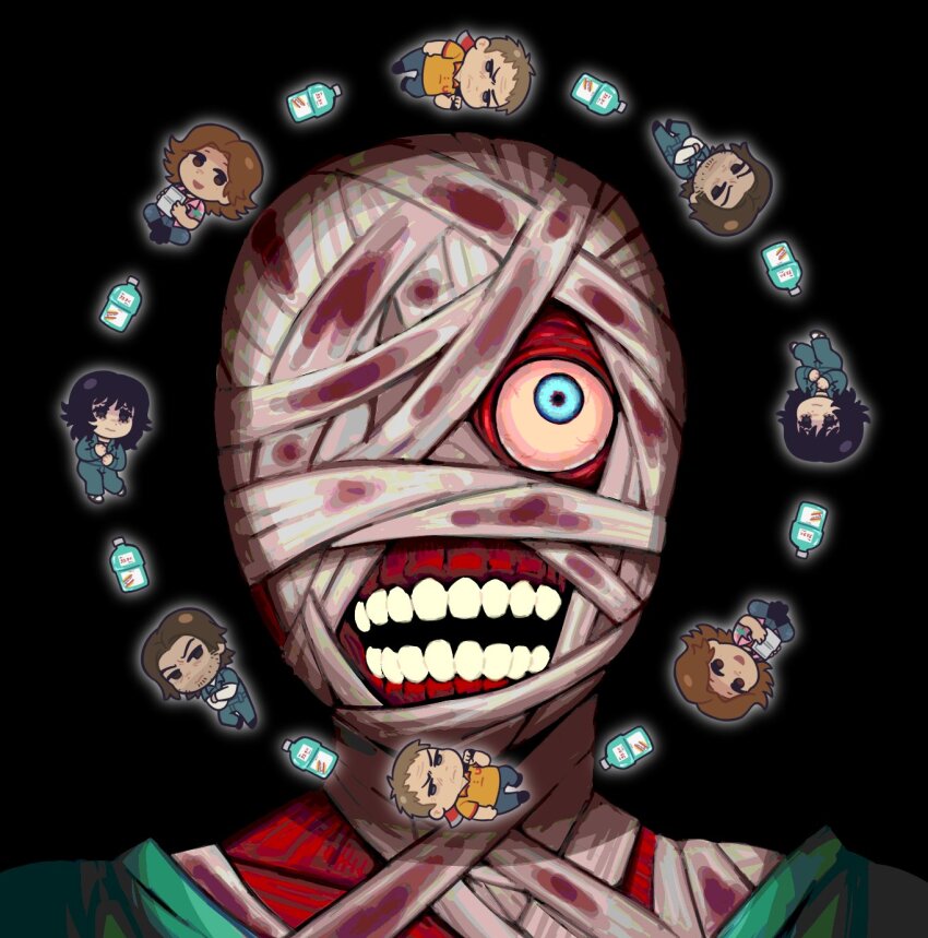 1girl 4boys anya_(mouthwashing) bandaged_head bandages black_background black_hair blood bloody_bandages blue_eyes brown_hair chibi curly_(mouthwashing) curly_(post-crash)_(mouthwashing) daisuke_(mouthwashing) disfigured highres jimmy_(mouthwashing) jumpsuit male_focus mouthwash mouthwashing multiple_boys no_lips saurit solo_focus swansea_(mouthwashing)