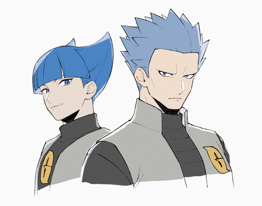 2boys black_shirt blue_eyes blue_hair blunt_bangs collared_shirt collared_vest commentary_request creatures_(company) cropped_torso cyrus_(pokemon) game_freak grey_vest highres light_frown light_smile logo looking_at_viewer male_focus mocollie multiple_boys nintendo no_eyebrows pokemon pokemon_dppt saturn_(pokemon) shirt short_hair spiked_hair team_galactic team_galactic_uniform vest white_background