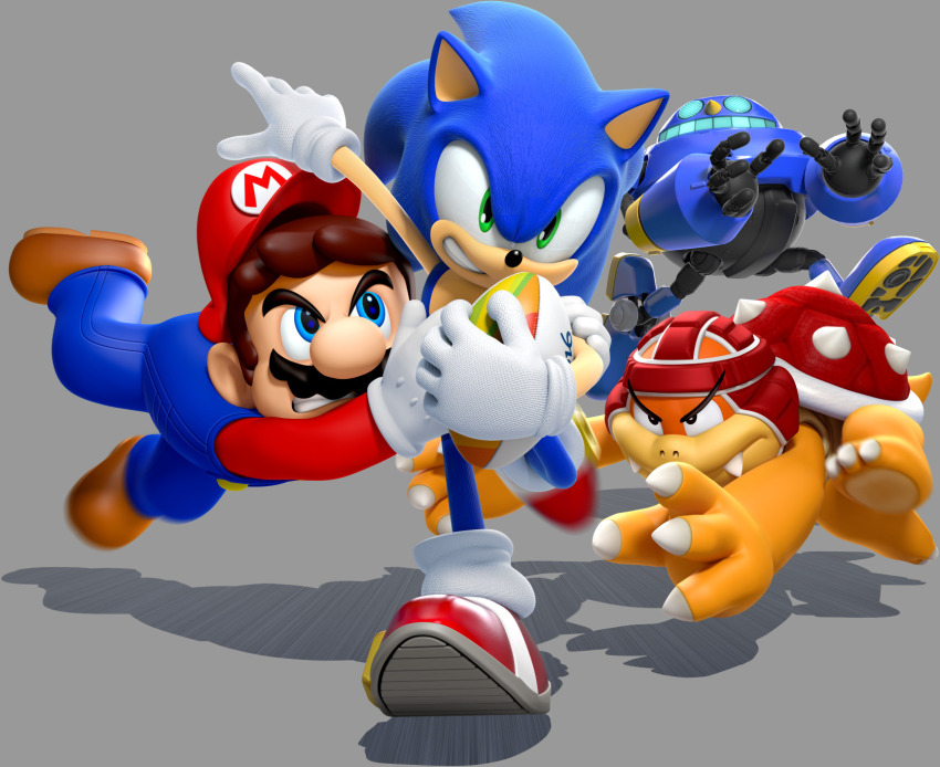 2016_summer_olympics 3boys 3d animal_ears animal_feet animal_hands animal_nose arm_up arms_up ball big_nose blue_eyes blue_fur blue_hair blue_overalls body_fur boom_boom brown_footwear brown_hair buttons cabbie_hat claws clenched_teeth clothes_writing colored_skin egg_pawn facial_hair furry furry_male gloves green_eyes grey_background hand_up hat helmet highres holding holding_ball humanoid_robot jumping lizard_tail long_hair long_sleeves looking_afar looking_at_another male_focus mario mario_&amp;_sonic_(series) mario_&amp;_sonic_at_the_rio_2016_olympic_games mario_(series) motion_blur multicolored_skin multiple_boys mustache nintendo official_art olympics orange_skin outstretched_arm outstretched_arms overalls pawpads red_footwear red_hat red_helmet red_shirt reptile_boy robot rugby rugby_ball rugby_helmet rugby_uniform running_towards_viewer serious shirt shoes short_hair sideways_mouth simple_background socks sonic_(series) sonic_the_hedgehog spiked_shell sportswear tackle tail teeth third-party_source two-tone_skin v-shaped_eyebrows white_gloves white_socks yellow_skin