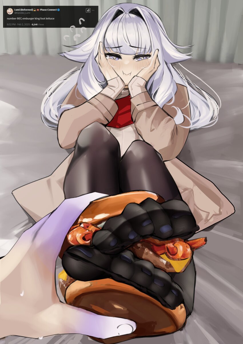 1girl :i absurdres black_pantyhose blue_nails brown_coat burger coat ember_amane feet feet_in_food flying_sweatdrops food foot_focus grey_hair hair_intakes hands_on_own_cheeks hands_on_own_face highres holding holding_food long_hair long_sleeves lying on_back pantyhose phase_connect pupi_(rain_prophet) purple_eyes red_scarf scarf screenshot_inset solo_focus toes twitter virtual_youtuber
