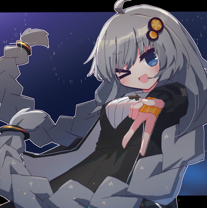 &gt;_o 1girl :d ahoge black_jacket blue_background blue_eyes blush braid commentary cross_tie dated_commentary grey_hair gyaru_v hair_ornament hibino_000 highres jacket kizuna_akari long_hair long_sleeves low_twin_braids one_eye_closed open_mouth shirt sidelocks smile solo sparkle twin_braids upper_body v very_long_hair voiceroid white_shirt